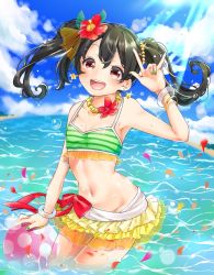 Rule 34 | 1girl, bikini, bikini bottom only, bikini skirt, black hair, blue sky, bow, bracelet, breasts, cleavage, cloud, collarbone, cowboy shot, day, floating hair, flower, green nails, groin, hair flower, hair ornament, hibiscus, highres, jewelry, layered skirt, long hair, love live!, love live! school idol project, nail polish, natsuiro egao de 1 2 jump!, navel, necklace, ocean, outdoors, petals, red bow, red flower, shuga (0329tixi), skirt, sky, small breasts, solo, sparkle, standing, striped bikini, striped bikini bottom, striped clothes, sunlight, swimsuit, twintails, wading, yazawa nico, yellow skirt
