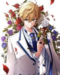 Rule 34 | 1boy, arch, arthur pendragon (fate), arthur pendragon (white rose) (fate), bad id, bad twitter id, blue flower, blue necktie, blue rose, coat, fate/grand order, fate (series), floral arch, flower, formal, green eyes, hair between eyes, highres, holding, holding flower, looking at viewer, male focus, necktie, osanai, purple flower, purple rose, red flower, red rose, rose, shadow, smile, solo, striped, suit, vertical stripes, vest, white flower, white rose, white suit