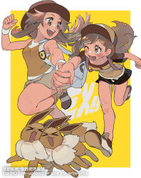 Rule 34 | &gt; &lt;, 2girls, bare shoulders, border, brown eyes, brown footwear, brown hair, creatures (company), eevee, elaine (pokemon), game freak, gen 1 pokemon, haraya, hat, holding hands, leaf (pokemon), long hair, looking at another, multiple girls, nintendo, official alternate color, open mouth, outside border, pokemon, pokemon (creature), pokemon masters ex, running, shirt, short sleeves, shorts, signature, skirt, sleeveless, sleeveless shirt, teeth, upper teeth only, white border, yellow background
