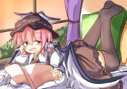 Rule 34 | 1girl, animal ears, bird ears, bird wings, black thighhighs, book, brown dress, brown eyes, brown headwear, commentary request, curtains, dress, full body, highres, holding, holding book, indoors, looking at viewer, lying, mystia lorelei, on stomach, open mouth, safupara (crnsrd65), solo, thighhighs, touhou, white wings, winged hat, wings