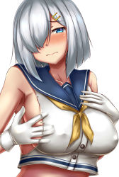 Rule 34 | 1girl, adapted costume, bad id, bad pixiv id, blue eyes, blush, breasts, collarbone, covered erect nipples, crop top, gloves, hair ornament, hair over one eye, hairclip, hamakaze (kancolle), highres, kantai collection, large breasts, looking at viewer, neckerchief, no bra, shirt, silver hair, simple background, sleeveless, sleeveless shirt, solo, terakoya, upper body, white background, white gloves, white shirt, yellow neckerchief