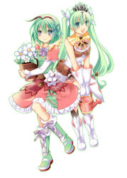 Rule 34 | 2girls, :d, blue eyes, boots, bow, ascot, flower, frey (rune factory), gloves, green eyes, green hair, hair ribbon, highres, jewelry, kohaku (rune factory), long hair, miniskirt, multiple girls, open mouth, ribbon, rune factory, rune factory 4, short hair, skirt, sleeveless, smile, tiara, tinkle2013, twintails, watering can