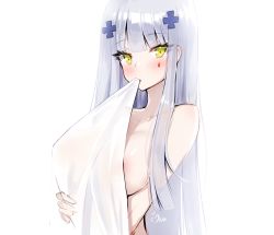 Rule 34 | 1girl, ankkoyom, areola slip, bad id, bad pixiv id, blunt bangs, blush, collarbone, covering privates, eyelashes, facial mark, girls&#039; frontline, green eyes, hair ornament, heart, highres, hk416 (girls&#039; frontline), long hair, looking at viewer, mouth hold, nude, nude cover, school uniform, serafuku, sidelocks, signature, simple background, solo, straight hair, upper body, very long hair, white background