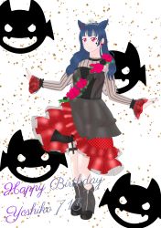 Rule 34 | 1girl, absurdres, artist name, artist request, bare legs, black dress, black footwear, black nails, black skirt, blue hair, blush, boots, butterfly wings, collared dress, double bun, dress, earrings, female focus, flower earrings, frilled dress, frills, full body, guilty kiss (love live!), hair bun, hair ribbon, highres, insect wings, jewelry, kouha aoiiro, long hair, looking at viewer, love live!, love live! sunshine!!, nail polish, nails, necklace, new romantic sailors, outstretched arms, parted lips, purple eyes, red skirt, ribbon, skirt, smile, solo, sparkle print, striped clothes, striped dress, tiara, tsushima yoshiko, wings