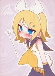 Rule 34 | 1girl, arm warmers, banananosongen, belt, black sailor collar, black shorts, blonde hair, blue eyes, blush, bow, breasts, closed mouth, cowboy shot, crying, hair bow, hair ornament, hairband, hairclip, highres, jitome, kagamine rin, lace, lace-trimmed shirt, lace trim, long hair, looking ahead, midriff peek, neckerchief, no nose, no pupils, outline, pout, purple background, sailor collar, shirt, shorts, sidelocks, simple background, sleeveless, sleeveless shirt, small breasts, solo, sound effects, squiggle, standing, straight hair, swept bangs, v-shaped eyebrows, vocaloid, white bow, white hairband, white outline, white shirt, yellow belt, yellow neckerchief