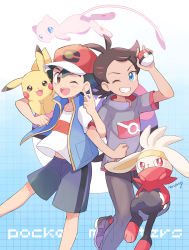 Rule 34 | 2boys, :d, ash ketchum, bad id, bad pixiv id, black footwear, black hair, black pants, blue eyes, blue jacket, blue shorts, brown eyes, commentary request, copyright name, creature, creatures (company), dark-skinned male, dark skin, feet out of frame, flying, game freak, gen 1 pokemon, gen 8 pokemon, goh (pokemon), grey shirt, grin, hat, highres, holding, holding poke ball, jacket, leg up, legendary pokemon, locked arms, looking at viewer, male focus, master ball, mei (maysroom), mew (pokemon), midriff peek, multiple boys, mythical pokemon, navel, nintendo, on shoulder, one eye closed, open mouth, pants, pikachu, poke ball, poke ball (basic), pokemon, pokemon (anime), pokemon (creature), pokemon journeys, pokemon on shoulder, rabbit, raboot, red eyes, shirt, shoes, shorts, signature, smile, standing, standing on one leg, teeth, upper teeth only, v, white shirt