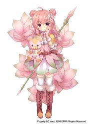 Rule 34 | 1girl, ahoge, belt, blush, boots, brown footwear, cross-laced footwear, curcuma (flower knight girl), double bun, flower, flower knight girl, full body, gloves, hair bun, hair flower, hair ornament, knee boots, lace-up boots, long hair, looking at viewer, name connection, object namesake, official art, pink eyes, pink gloves, pink hair, shiodome oji, skirt, solo, staff, standing, stuffed animal, stuffed toy, teddy bear, thighhighs, thighhighs under boots, white background, white skirt, white thighhighs, x hair ornament