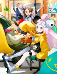 Rule 34 | 1boy, 2girls, arms up, boots, braid, breast pocket, brown eyes, brown hair, chair, character hair ornament, clavell (pokemon), collared shirt, commentary request, creatures (company), double v, eyelashes, fuecoco, game freak, gen 1 pokemon, gen 3 pokemon, gen 7 pokemon, grey footwear, grey pantyhose, grin, hair ornament, highres, iono (pokemon), jacket, juliana (pokemon), long hair, meowscarada, microphone, multicolored hair, multiple girls, nintendo, orange mikan, oranguru, pantyhose, pikachu, pink hair, pocket, pokemon, pokemon (creature), pokemon sv, pop filter, quaxly, recording studio, school uniform, shirt, short sleeves, single leg pantyhose, sitting, smile, sprigatito, table, teeth, thigh strap, two-tone hair, v, wailord, yellow jacket