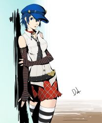 Rule 34 | 1girl, alternate costume, blue eyes, blue hair, cabbie hat, collar, cosplay, dh (brink of memories), elbow gloves, fingerless gloves, gloves, hat, highres, marie (persona 4), marie (persona 4) (cosplay), official style, persona, persona 4, persona 4 the golden, plaid, plaid skirt, shirogane naoto, short hair, skirt, solo, striped clothes, striped gloves, striped sleeves, striped thighhighs, thighhighs