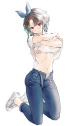 Rule 34 | 1girl, :o, absurdres, arms up, blue hairband, blush, breasts, brown hair, clothes lift, denim, dpea9, earrings, full body, gradient hair, green hair, hairband, highres, jeans, jewelry, kneeling, lifting own clothes, looking at viewer, medium breasts, multicolored hair, navel, no bra, open fly, open mouth, open pants, original, pants, parted bangs, red eyes, shirt lift, shoes, short hair with long locks, short sleeves, simple background, sneakers, solo, stomach, underboob, white background, white footwear