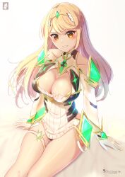 Rule 34 | absurdres, blonde hair, blush, breasts, chinchongcha, cleavage, gloves, headband, highres, large breasts, looking at viewer, mythra (xenoblade), signature, thigh strap, white gloves, xenoblade chronicles (series), xenoblade chronicles 2
