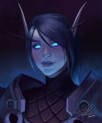 Rule 34 | 1girl, absurdres, armor, artist name, black hair, blue eyes, blue light, commission, dark background, eyeshadow, glowing, glowing eyes, halchroma, highres, horns, light smile, lips, looking at viewer, makeup, melrine evershield, nose, parted lips, portrait, short hair, shoulder armor, signature, warcraft, world of warcraft