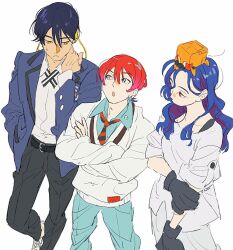 1girl 2boys amate_yuzuriha aqua_eyes belt blue_hair collared_shirt colored_inner_hair crossed_arms from_above genderswap genderswap_(ftm) genderswap_(mtf) gloves gundam gundam_gquuuuuux highres jacket long_hair long_sleeves multicolored_hair multiple_boys necktie non-humanoid_robot nyaan_(gundam_gquuuuuux) open_mouth pants purple_hair red_eyes red_hair robot school_uniform shirt short_hair shuji_ito simple_background sweatdrop sweater tkrkve43 two-tone_hair white_background white_shirt wireless_earphones yellow_eyes