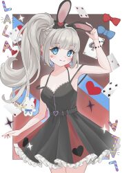 Rule 34 | 1girl, absurdres, animal ears, arm up, black dress, black vest, blue eyes, braid, breasts, card, closed mouth, cowboy shot, crown braid, dress, frilled dress, frills, heart, highres, irinomiyu, lala (tales runner), looking at viewer, medium breasts, playing card, rabbit ears, shirt, side ponytail, sidelocks, smile, solo, tales runner, vest, white shirt