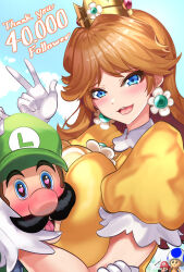 Rule 34 | 1girl, 2boys, between breasts, blue eyes, blush, breast press, breasts, brown hair, cross, crown, dress, earrings, face to breasts, facial hair, flower earrings, gloves, grin, hat, head between breasts, highres, holding, hug, jewelry, large breasts, looking at viewer, luigi, mario, mario (series), multiple boys, mustache, nez-box, nintendo, open mouth, orange dress, princess daisy, puffy short sleeves, puffy sleeves, short sleeves, smile, standing, super mario bros. 1, super mario land, toad (mario), v
