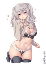 Rule 34 | 1girl, :3, alternate costume, black panties, black thighhighs, blue eyes, blush, bra, breasts, cleavage, clothes lift, cowboy shot, ebifurya, frilled bra, frilled panties, frills, grey sweater, heart, highres, kantai collection, kashima (kancolle), large breasts, lifting own clothes, lips, long sleeves, midriff, navel, panties, sidelocks, silver hair, simple background, smile, solo, stomach, sweater, sweater lift, thighhighs, twintails, twitter username, underwear, wavy hair, white background