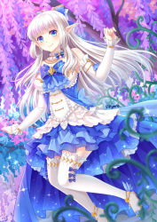 Rule 34 | 1girl, aura kingdom, blue eyes, choker, detached sleeves, dress, floating hair, layered dress, long hair, looking at viewer, pointy ears, silver hair, sleeveless, sleeveless dress, solo, thighhighs, villyane, white thighhighs