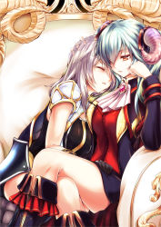 Rule 34 | 2girls, aqua hair, ascot, black gloves, boots, brooch, closed eyes, commentary, crossed legs, gem, gloves, gold trim, grey hair, hair over one eye, hand on another&#039;s head, hand on another&#039;s thigh, highres, horns, jewelry, knee boots, kurokawa (silve), lapis (sennen sensou aigis), leaning on person, long hair, lucia (sennen sensou aigis), multiple girls, orange eyes, sennen sensou aigis, sitting, thighhighs, throne