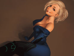 Rule 34 | 1girl, alternate hairstyle, arm support, bare shoulders, blonde hair, blue eyes, bodysuit, breasts, cleavage, kichin yarou, large breasts, lipstick, lying, makeup, metroid, nintendo, no lineart, open bodysuit, open clothes, ponytail, samus aran, skin tight, smile, solo, undressing, unzipped, zero suit
