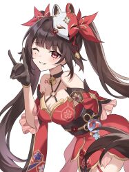Rule 34 | 1girl, absurdres, bare shoulders, bell, black choker, black gloves, black hair, black sash, blush, breasts, butterfly-shaped pupils, choker, cleavage, commentary request, detached sleeves, dress, floral print, fox mask, fox shadow puppet, gloves, highres, honkai: star rail, honkai (series), k2 (kazu1030), looking at viewer, mask, mask on head, medium breasts, mole, mole under each eye, mole under eye, multiple moles, neck bell, one eye closed, red dress, red eyes, sash, smile, solo, sparkle (honkai: star rail), symbol-shaped pupils, twintails, upper body, wide sleeves