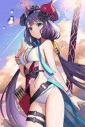 Rule 34 | 1girl, absurdres, bangle, bare shoulders, belt, bikini, blue eyes, blue sky, bracelet, breasts, cleavage, closed mouth, cloud, commentary request, cowboy shot, day, fate/grand order, fate (series), floral print, goggles, goggles on head, hair bun, hair ornament, hand up, highres, jewelry, katsushika hokusai (fate), katsushika hokusai (swimsuit saber) (fate), long hair, looking at viewer, low twintails, medium breasts, navel, outdoors, purple hair, single hair bun, sky, solo, standing, strap pull, sunlight, swimsuit, teffish, thigh strap, thighs, twintails, very long hair, water drop, white bikini