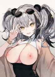 Rule 34 | 1girl, absurdres, alternate costume, animal ears, arknights, bangle, bare shoulders, black dress, black hair, bracelet, breasts, cleavage, commentary request, dress, eyewear on head, fanshu, feater (arknights), grey background, grin, hand up, head tilt, highres, jewelry, large breasts, long hair, looking at viewer, multicolored hair, nipples, panda ears, parted lips, silver hair, smile, solo, streaked hair, sunglasses, twintails, upper body, yellow eyes