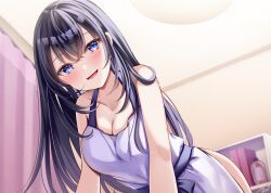 Rule 34 | 1girl, :d, apron, black hair, blue eyes, blush, breasts, cleavage, collarbone, commentary request, curtains, hair between eyes, indoors, long hair, looking at viewer, medium breasts, naked apron, novel illustration, official art, open mouth, original, purple apron, sakura hiyori, signature, smile, solo, very long hair