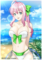Rule 34 | 1girl, bare shoulders, beach, bikini, blue eyes, bow, breasts, cleavage, hair bow, highres, large breasts, long hair, looking at viewer, mito amatsu, navel, original, pink hair, ponytail, smile, swimsuit