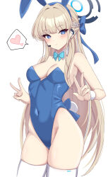 Rule 34 | 1girl, animal ears, bare shoulders, blonde hair, blue archive, blue bow, blue eyes, blue hairband, blue leotard, bow, bowtie, braid, breasts, covered navel, cowboy shot, detached collar, double v, fake animal ears, groin, hairband, halo, heart, highleg, highleg leotard, highres, leotard, long hair, medium breasts, microphone, nanao (naoekaki25), official alternate costume, official alternate hairstyle, playboy bunny, rabbit ears, rabbit tail, simple background, smile, spoken heart, tail, thighhighs, thighs, toki (blue archive), toki (bunny) (blue archive), v, very long hair, white background, white thighhighs, wrist cuffs