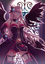 Rule 34 | 00s, 1girl, absurdres, bare shoulders, black wings, blonde hair, blue eyes, boots, breasts, choker, cleavage, dress, dungeon and fighter, elbow gloves, fighter (dungeon and fighter), gauntlets, gloves, hair ornament, hand on own hip, highres, light, long hair, pink hair, plutokelp, solo, thigh boots, thigh strap, thighhighs, very long hair, window, wings