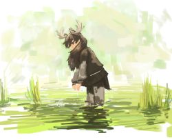 Rule 34 | 10s, 1girl, animal ears, antlers, horns, in water, kemono friends, moose (kemono friends), moose ears, moose tail, outdoors, rumenia (ao2is), skirt, solo, standing, sweater, tail, wading, water, wet, wet clothes