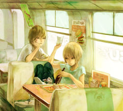 Rule 34 | 2boys, bad id, bad pixiv id, blonde hair, booth seating, bottle, brothers, brown hair, coke, denim, food, french fries, head rest, jeans, male focus, multiple boys, mustard, napkin, original, pants, paper, poster (medium), routemoc, shirt, short hair, siblings, sitting, t-shirt, table, twins