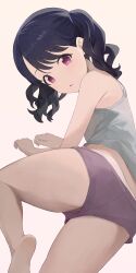 Rule 34 | 1girl, :o, ass, bare legs, barefoot, blue hair, camisole, dark blue hair, fukumaru koito, grey camisole, grey panties, highres, hiroki (yyqw7151), idolmaster, idolmaster shiny colors, looking at viewer, looking back, panties, panty peek, purple shorts, red eyes, shorts, simple background, solo, twintails, underwear, underwear only, white background