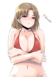 Rule 34 | 1girl, bikini, blush, breasts, brown eyes, brown hair, chiyoda (kancolle), cleavage, closed mouth, collarbone, groin, highres, kantai collection, large breasts, looking at viewer, navel, one-hour drawing challenge, red bikini, short hair, simple background, solo, swimsuit, takomeshi, twitter username, upper body, white background