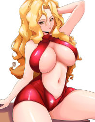 Rule 34 | 1girl, absurdres, arm behind head, arm support, blonde hair, breasts, cleavage, dress, golden boy, highres, jrpuls3, jrpulse, large breasts, legs, long hair, looking at viewer, navel, onna shachou, parted lips, sitting, smile, solo, thick thighs, thighs, very long hair, yellow eyes