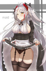 Rule 34 | 1girl, :o, antenna hair, azur lane, black panties, blush, bow, breasts, brown eyes, clothes lift, clothing cutout, cross, dress, dress lift, frills, garter straps, hair bow, headgear, highres, iron cross, kinjin, large breasts, lifted by self, long hair, long sleeves, looking at viewer, maid, maid headdress, multicolored hair, panties, prinz eugen (azur lane), red hair, ribbon, sideboob, silver hair, skindentation, smile, solo, streaked hair, thighhighs, thighs, two side up, underboob cutout, underwear, very long hair