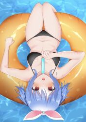 Rule 34 | 1girl, bikini, black bikini, blue hair, blush, breasts, floating, food, from above, highres, holding, holding food, holding popsicle, hololive, hukigen dadada, innertube, looking at viewer, lying, medium breasts, navel, official alternate hairstyle, on back, open mouth, popsicle, red eyes, short eyebrows, short hair, short twintails, solo, swim ring, swimsuit, thick eyebrows, thigh gap, twintails, usada pekora, virtual youtuber, water
