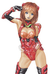 Rule 34 | 1girl, adapted costume, alternate hairstyle, artist request, blue eyes, bodysuit, breasts, brown hair, hand on own hip, highres, leotard, long hair, looking at viewer, neon genesis evangelion, plugsuit, red leotard, shiny clothes, simple background, small breasts, smile, solo, souryuu asuka langley