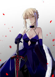 Rule 34 | 1girl, artoria pendragon (fate), blonde hair, blue dress, blue gloves, breasts, cleavage, dress, elbow gloves, fate/stay night, fate (series), fuyuki (neigedhiver), gloves, highres, holding, holding sword, holding weapon, looking at viewer, saber (fate), saber alter, solo, sword, weapon, yellow eyes