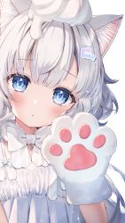 Rule 34 | 1girl, :&lt;, animal ear fluff, animal ears, animal hands, bell, blue eyes, blush, bow, commentary request, dress, gloves, grey hair, hand up, highres, long hair, looking at viewer, momoshiki tsubaki, neck bell, original, paw gloves, simple background, solo, whipped cream, white background, white bow, white dress