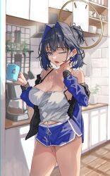 Rule 34 | 1girl, absurdres, archinoer, blue eyes, blue hair, blue shorts, blurry, blurry background, bra, bra peek, breasts, camisole, coffee maker, cup, drawstring, halo, hand on own neck, highres, holding, holding cup, hololive, hololive english, indoors, kitchen, large breasts, messy hair, mug, one eye closed, ouro kronii, short hair, short shorts, shorts, solo, standing, strap slip, thighs, underwear, virtual youtuber, waking up, white camisole, yawning