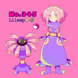 Rule 34 | 1girl, bad id, bad pixiv id, blue eyes, character name, creatures (company), dress, full body, game freak, gen 3 pokemon, lileep, looking at viewer, medium hair, moemon, multicolored eyes, narumame, nintendo, no mouth, personification, pink background, pink hair, pink theme, poke ball, poke ball (basic), pokedex number, pokemon, pokemon (creature), purple dress, purple footwear, red eyes, simple background, standing, yellow eyes