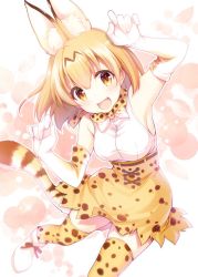 Rule 34 | 10s, 1girl, :d, animal ears, armpits, bare shoulders, blonde hair, blush, bow, bowtie, breasts, elbow gloves, fang, gloves, gunp, kemono friends, looking at viewer, open mouth, paw pose, serval (kemono friends), serval print, serval tail, sideboob, simple background, sleeveless, smile, solo, sparkle, tail, thighhighs, white background, yellow eyes