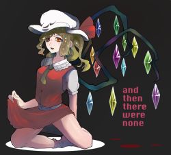 Rule 34 | 1girl, ascot, asymmetrical hair, blonde hair, blood, bow, crystal, flandre scarlet, hat, hat bow, holding clothes, holding skirt, mob cap, open mouth, red eyes, sakagami (oshmkfa120), side ponytail, skirt, solo, touhou, wings