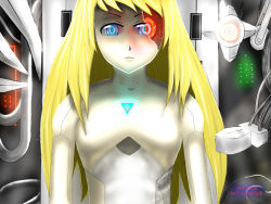 Rule 34 | android, blonde hair, blue eyes, building, dark room, highres, light, long hair, machine, robot, self-upload, solo, wire
