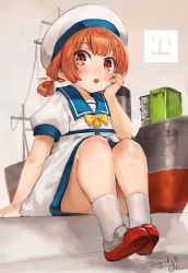 Rule 34 | 1girl, blush, dated, dress, hand on own face, hat, kaiboukan no.4 (kantai collection), kantai collection, machinery, open mouth, orange eyes, orange hair, sailor dress, sailor hat, short hair, short sleeves, signature, socks, solo, toka (marchlizard), white dress, white hat, white socks