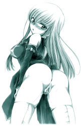 Rule 34 | 00s, 1girl, ass, bad id, bad pixiv id, blush, breasts, c.c., censored, code geass, detached sleeves, dress, female focus, long hair, monochrome, pussy, pussy juice, solo, thighhighs, white background, yatengetsu