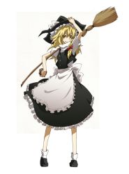 Rule 34 | 1girl, anime coloring, apron, bad id, bad pixiv id, blonde hair, broom, dress, female focus, hand on headwear, hat, holding, holding hat, kirisame marisa, mihaya (a-ta-i), mini-hakkero, smile, solo, touhou, witch, witch hat
