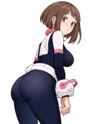 Rule 34 | 1girl, absurdres, ass, black bodysuit, bodysuit, boku no hero academia, breasts, brown eyes, brown hair, closed mouth, commentary, expressionless, from side, highres, kobaji, light blush, looking at viewer, medium breasts, medium hair, multicolored bodysuit, multicolored clothes, sidelocks, simple background, skin tight, solo, superhero costume, uraraka ochako, white background, white bodysuit
