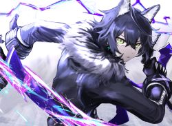Rule 34 | 1boy, absurdres, animal ears, arknights, black gloves, black hair, black jacket, collar, electricity, fur-trimmed jacket, fur trim, gloves, gradient background, green eyes, grey background, gun, highres, holding, holding gun, holding weapon, infection monitor (arknights), jacket, long sleeves, looking at viewer, parted lips, short hair, solo, upper body, utsuke, v-shaped eyebrows, vigil (arknights), weapon, white background, wolf ears